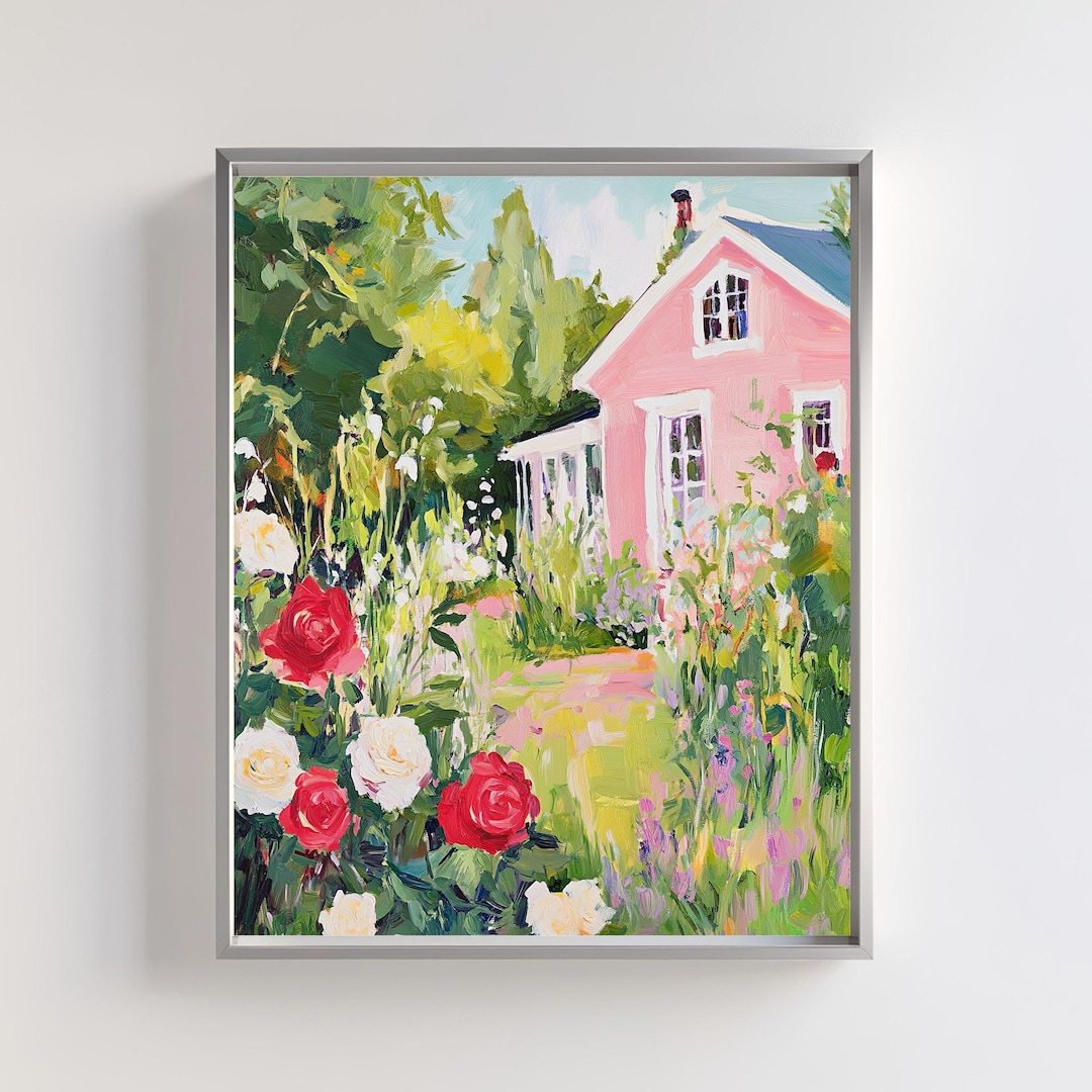 Cottage Garden Art | Pink House With Roses Digital Print | Floral ...