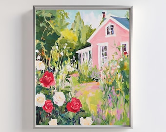 Lámina artística de jardín rural rosa: Paisaje floral estilo cottagecore (descarga digital)