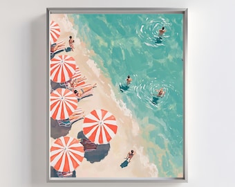 Beach Wall Art Printable | Coastal Summer Scene with Red Umbrellas & Swimmers | Aerial Ocean View | Retro Vacation Beach Poster Download