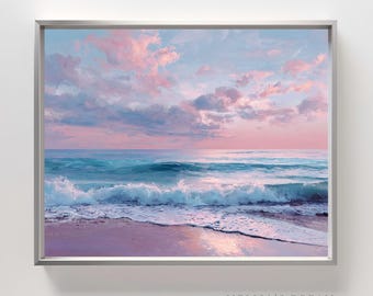 May include: A framed art print of a tranquil ocean vista. The artwork features a sky with pink and purple clouds above turquoise waves. The beach is a soft pink, and the print is framed in silver. The text "MELISA'S DREAM Digital Prints" is visible.