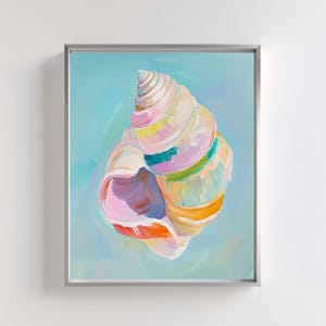 May include: A colourful seashell painting with pink, orange, yellow, green, and blue hues. The shell is painted in a realistic style with visible texture and detail.