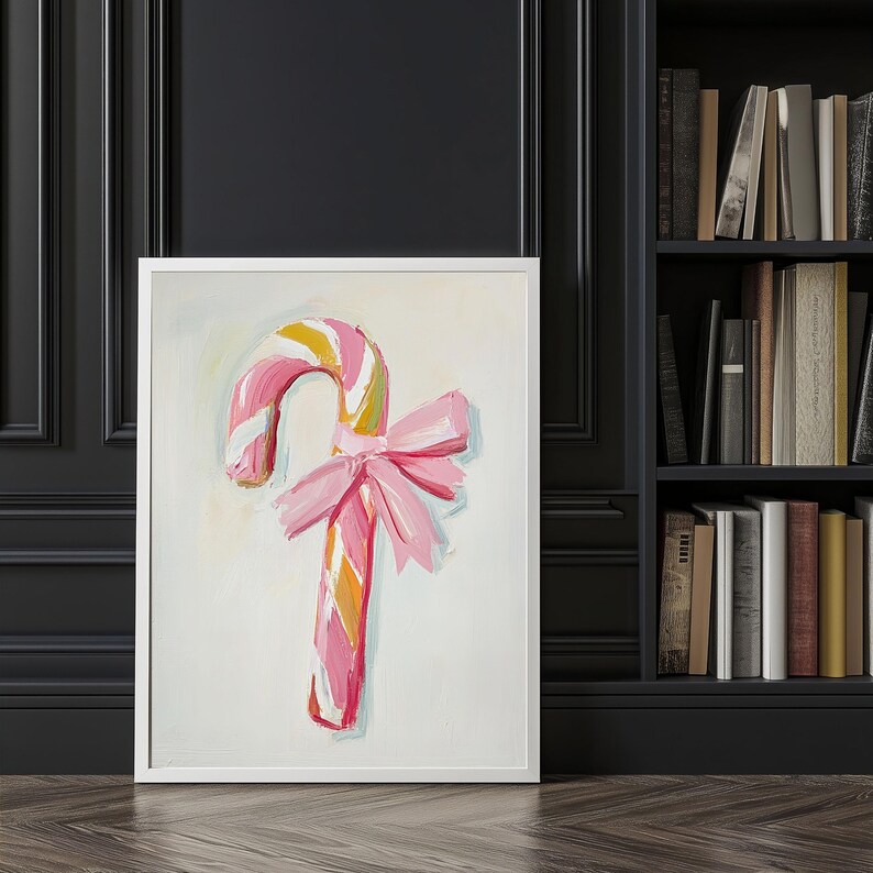 May include: A pink and white striped candy cane with a pink bow. The candy cane is painted in a whimsical style and is set against a white background.