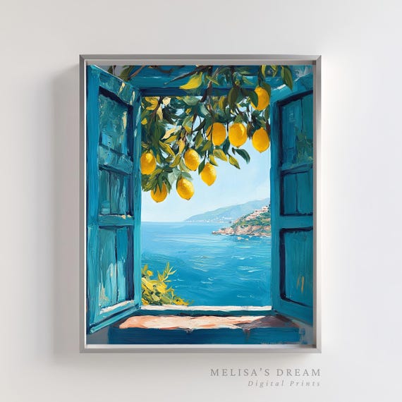 Mediterranean Window View Printable Art – Coastal Lemon Tree Wall