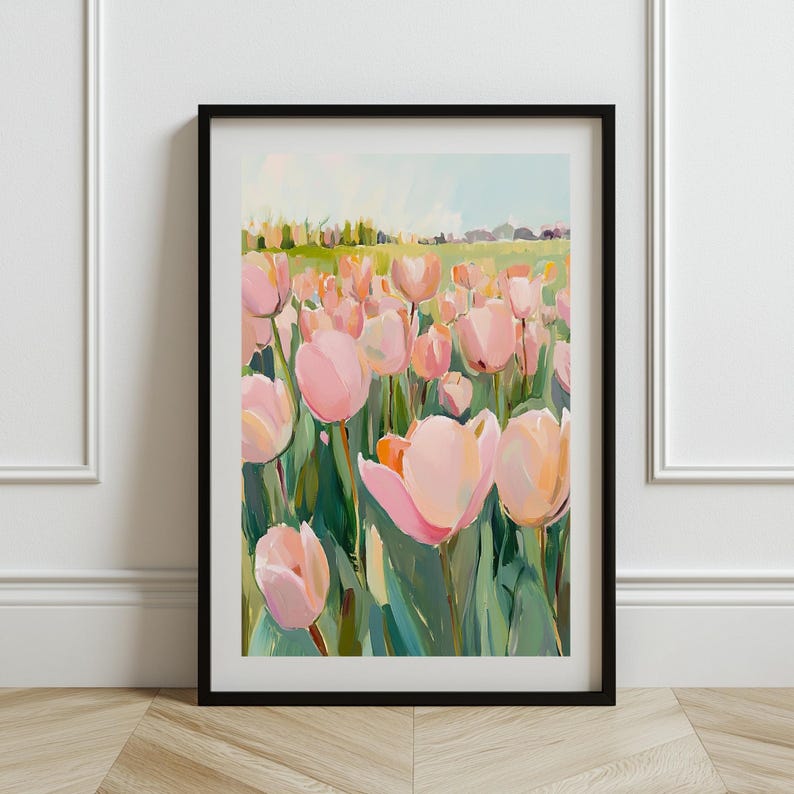 Pink Tulip Field Art Print: Impressionist Floral Landscape (digital ...