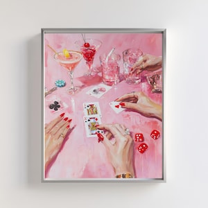 Stampa artistica da casinò / Decorazioni glamour per la serata di poker per ragazze / Carte da gioco e cocktail vintage / Elegante arte murale per sala giochi / Arte lussuosa per feste