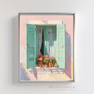 Puede incluir: Pintura enmarcada de una ventana con contraventanas turquesas abiertas. Tres macetas de terracota con flores rojas y rosas se encuentran en el alféizar. La ventana tiene cortinas de encaje blanco. La pared es rosa y el marco es plateado.