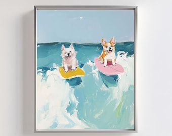 Konsttryck med surfhundar | Illustration av strandäventyr (digital nedladdning)