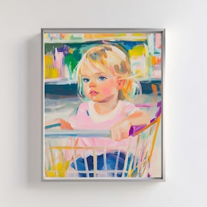 ショッピングカートに乗った子供のアートプリント | 気まぐれな子供のポートレート | 遊び心のある保育園の装飾デジタルダウンロード | 家族でのお出かけイラスト