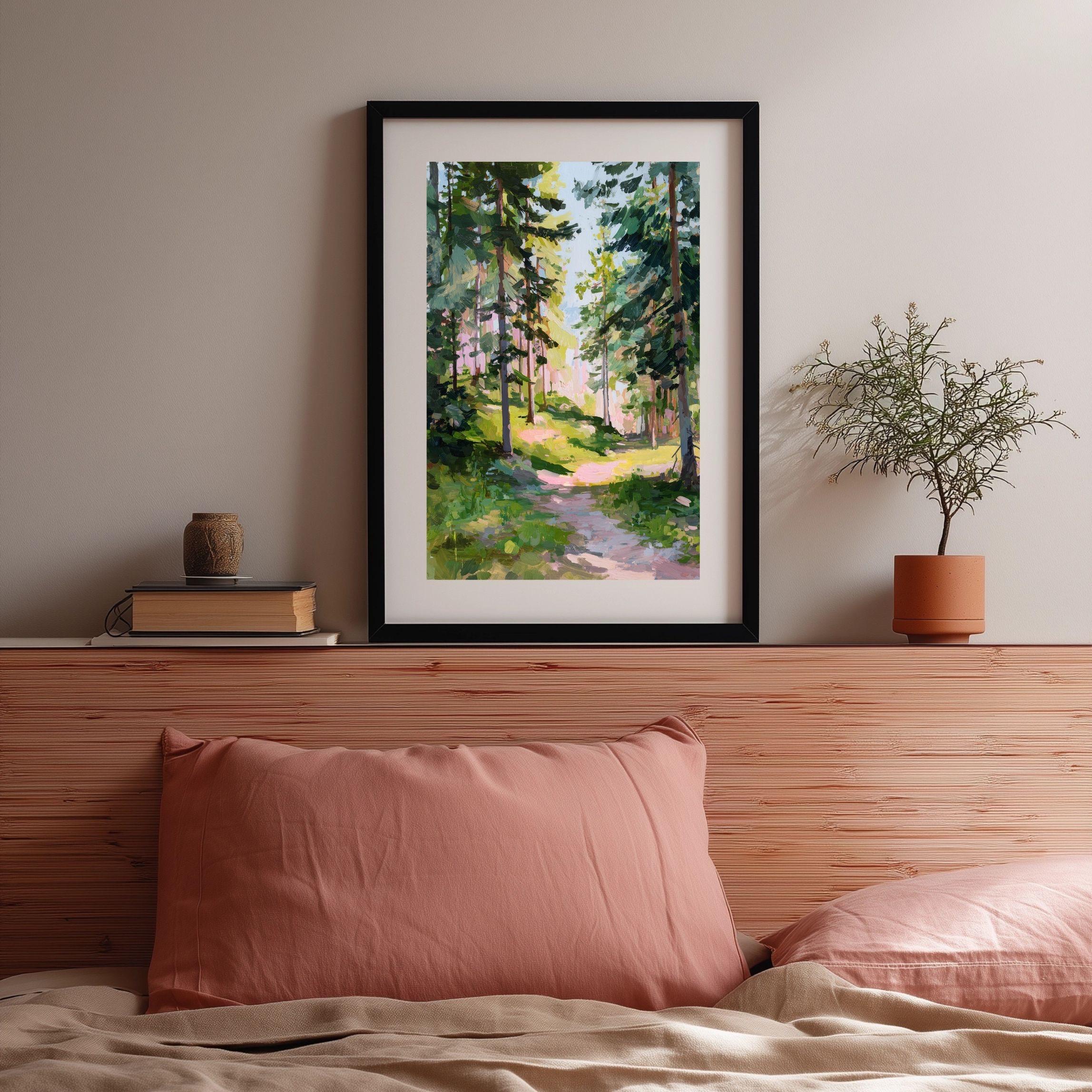 Sunlit Forest Path Print: Impressionist Pine Tree Landscape (digital ...