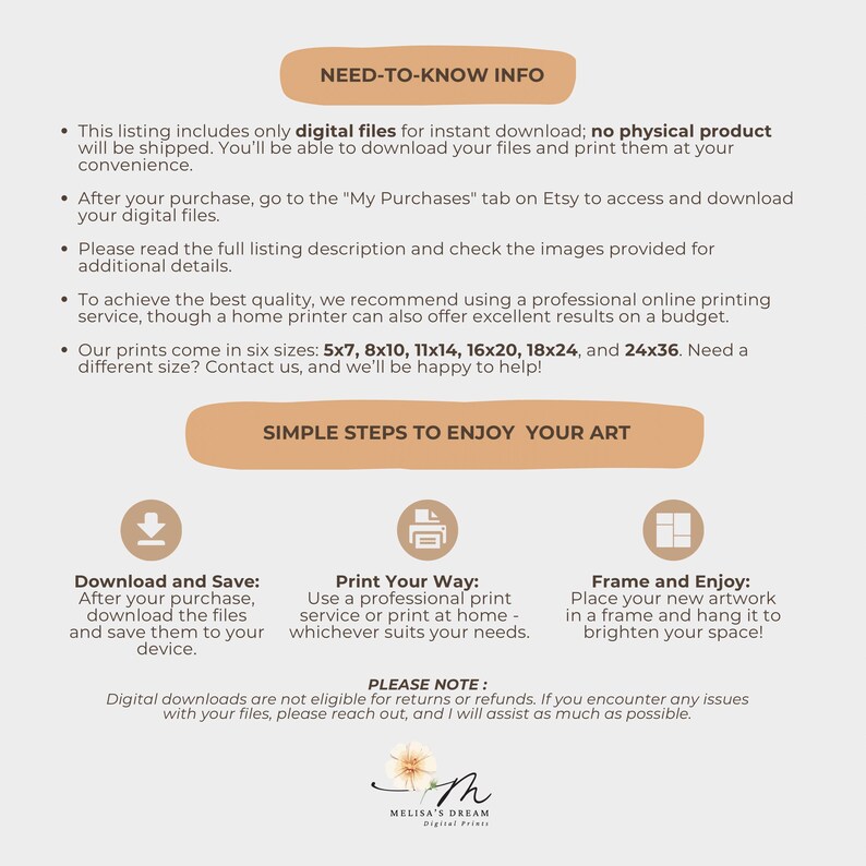 May include: A beige informational graphic with the text "NEED-TO-KNOW INFO" at the top. It details digital file downloads, Etsy purchase instructions, print size options (5x7, 8x10, 11x14, 16x20, 18x24, and 24x36 inches), and simple steps to enjoy the art.