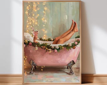 Pink Christmas Wall Art: Cozy Holiday Bathtub Print (Digital Download)