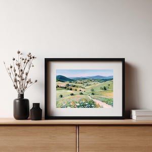 Utskrivbart landskap med vildblommande äng: Pastellfärgad landsbygdsväggkonst (digital nedladdning) bild 3
