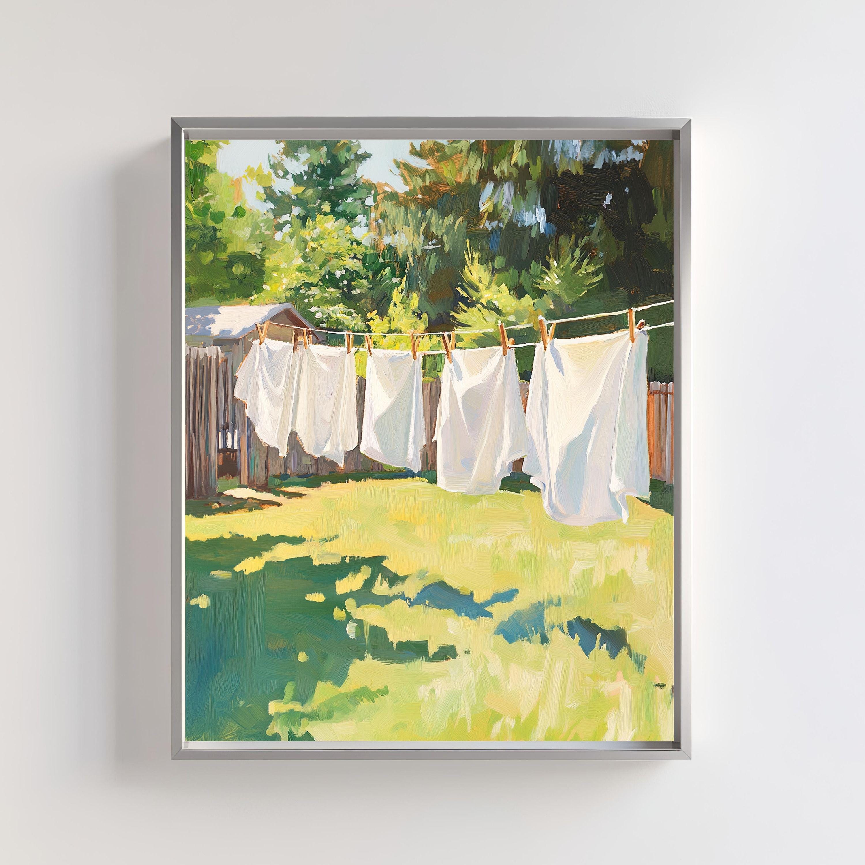 Sunlit Backyard Clothesline Wall Art | Vibrant Summer Laundry Scene Print | Rustic Country Outdoor Digital Artwork for Home Decor