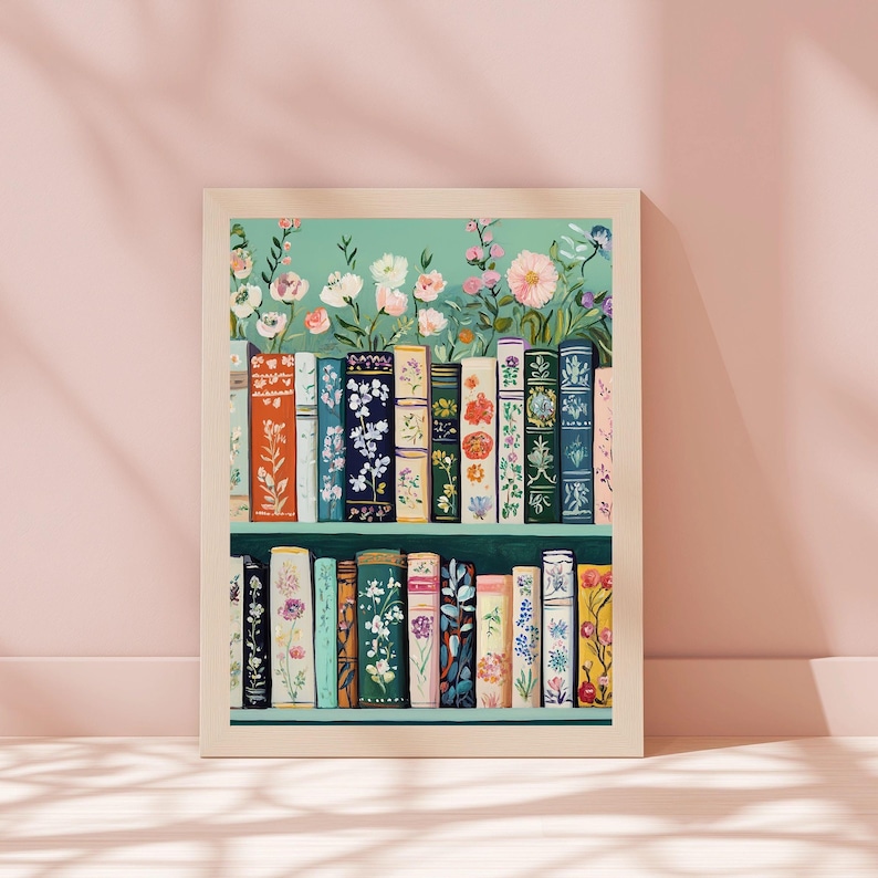 Floral Bookshelf Wall Art: Cottagecore Botanical Print (Digital Download) image 3