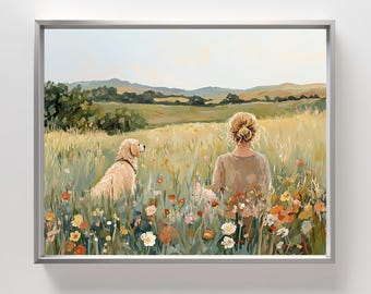 May include: A woman and a golden retriever dog sit in a field of wildflowers. The woman is wearing a light brown dress and has her back to the viewer. The dog is looking to the right of the frame. The field is filled with a variety of wildflowers in shades of pink, yellow, and white.