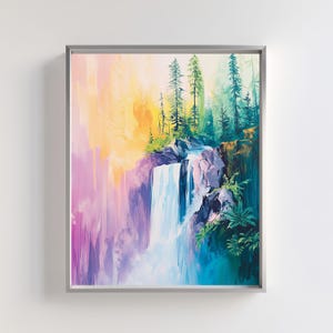 Waterfall Landscape Art Printable | Forest and Mountain Nature Scene | Vibrant Wall Decor | Nature Digital Art | Mountain Waterfall Prints
