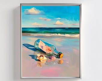 Message in a Bottle Coastal Print: Romantic Seaside Painting (Digital Download)