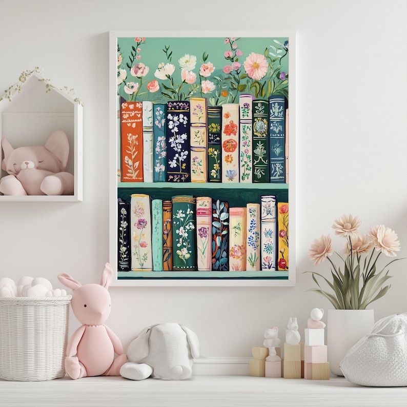 Floral Bookshelf Wall Art: Cottagecore Botanical Print (Digital Download) image 4