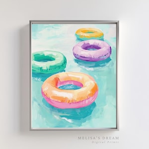 Pool Float Wall Art Summer Printable | Colorful Pastel Beach Float Digital Download | Aqua Water Rings Coastal Decor for Pool Party Vibes