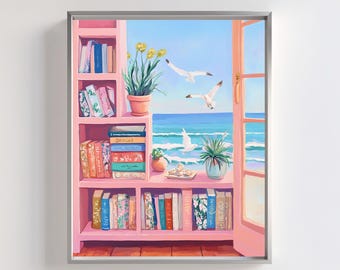 Beach Bookshelf Art Print | Coastal Seaside Decor (Digital Download)