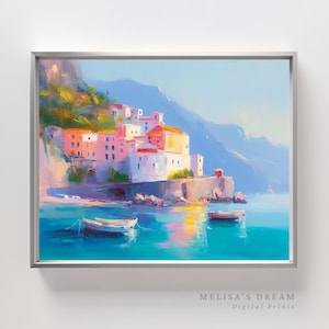 Mediterranean Coastal Village Printable Wall Art | Colorful Seaside Town with Boats | Amalfi Coast Digital Painting | Ocean Travel Decor