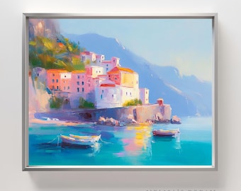Mediterranean Coastal Village Print: Colorful Amalfi Coast Seaside Art (Digital Download