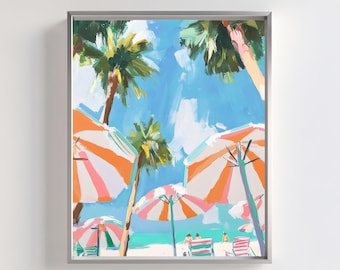 Orange Striped Beach Umbrella Print | Tropical Coastal Art (Digital Download)