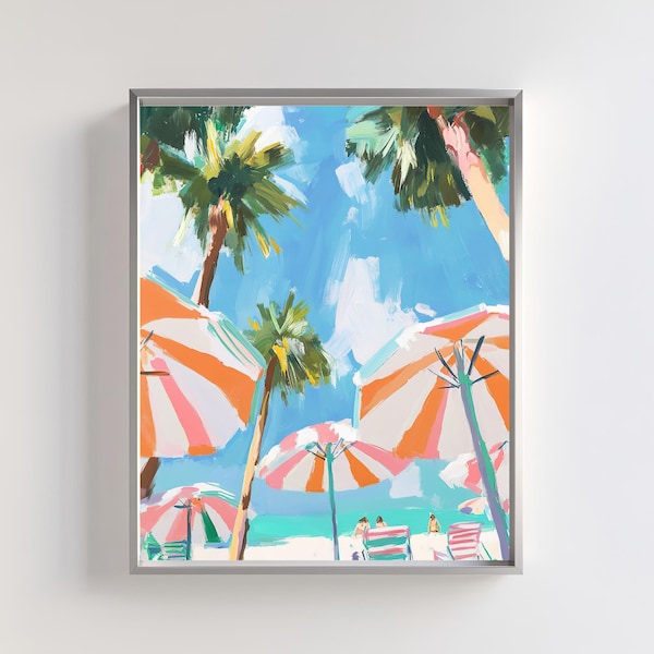 Orange Striped Beach Umbrella Print | Tropical Coastal Art (Digital Download)