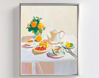 Impresión artística de bodegón de desayuno: Decoración retro de cocina para una fiesta de té (archivo digital)