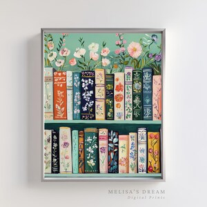 Floral Bookshelf Wall Art: Cottagecore Botanical Print (Digital Download) image 1