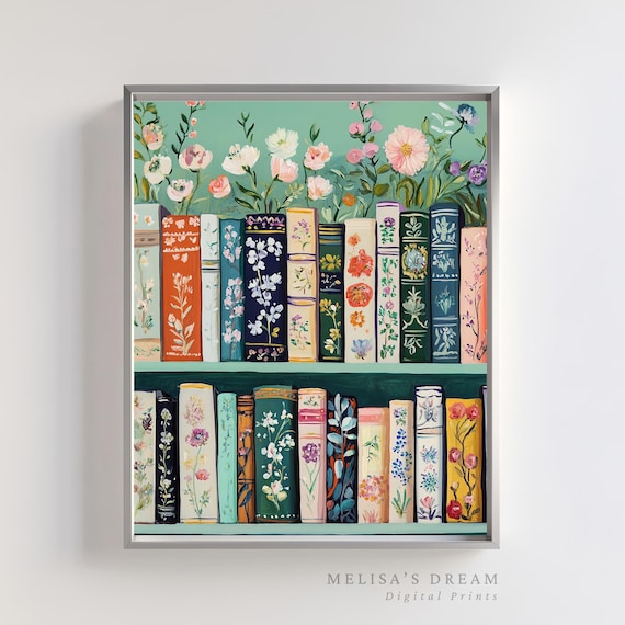 Floral Bookshelf Wall Art: Cottagecore Botanical Print (Digital Download)