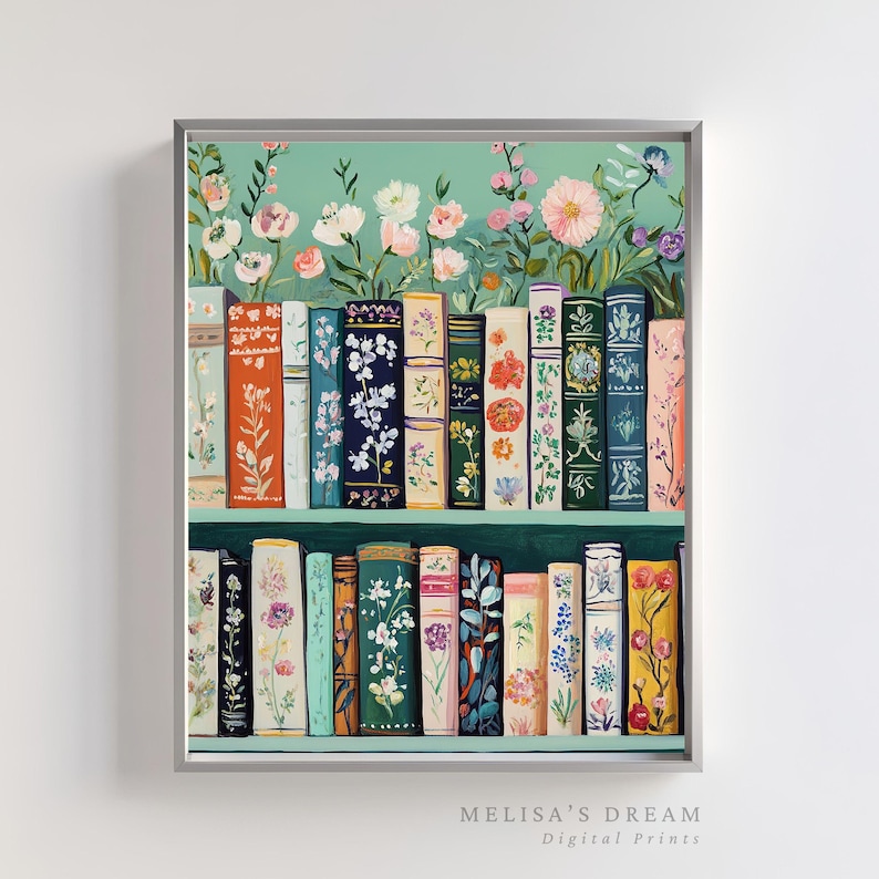 Floral Bookshelf Wall Art: Cottagecore Botanical Print (Digital Download) image 1