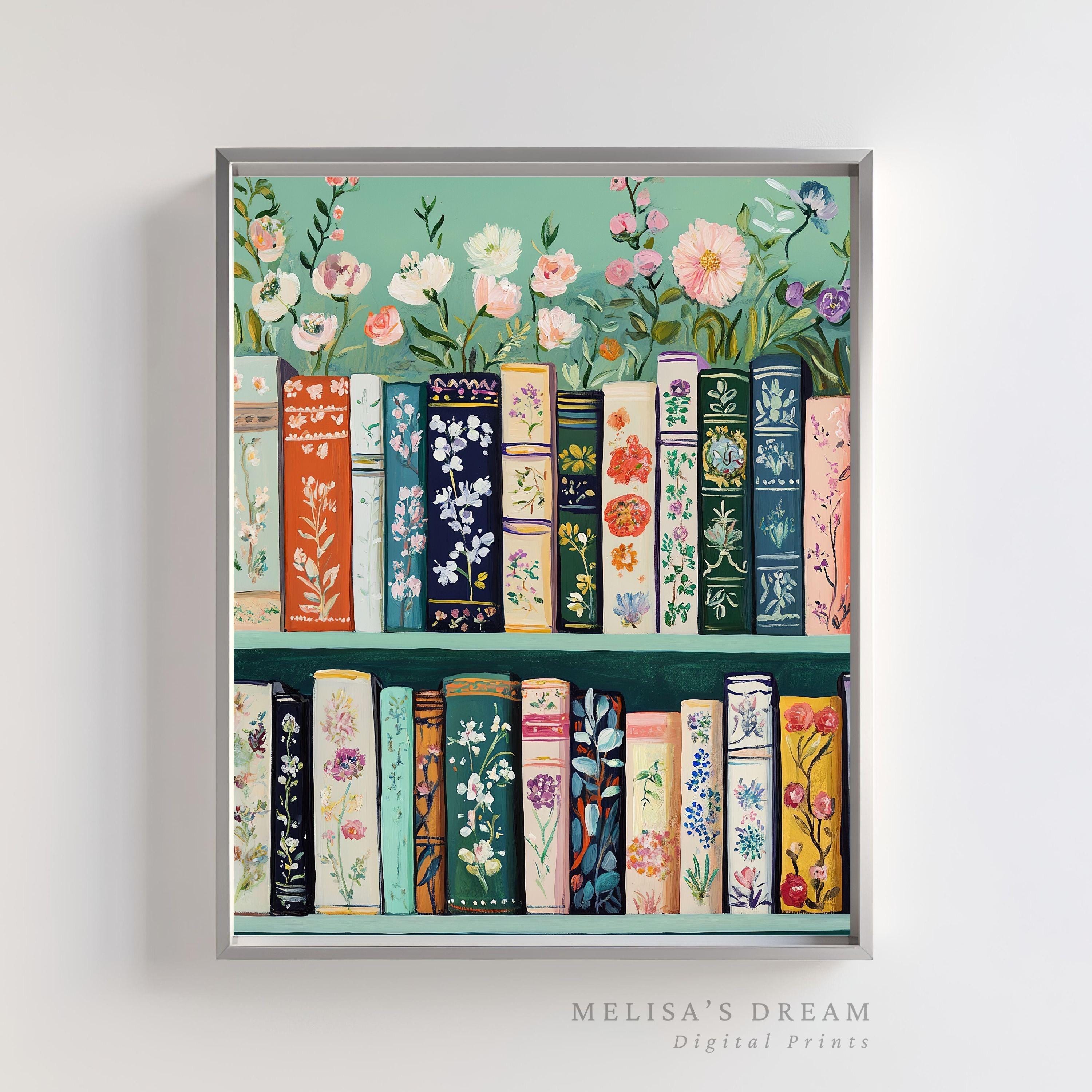 Floral Bookshelf Wall Art: Cottagecore Botanical Print (Digital Download)