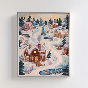 Christmas Village Unique Art | Winter Wonderland Print | Festive Holiday Home Decor | Snowy Landscape Illustration | Cozy Cabin Wall Art