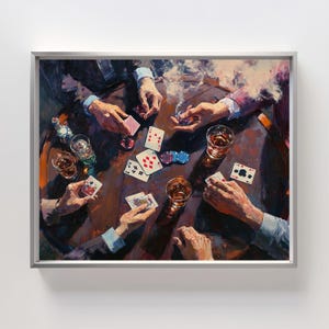 Impresión artística de casino / Decoración de noche de póquer / Escena de juego vintage / Arte de juego de cartas digital / Arte de pared para cueva de hombre / Whisky y cartas imprimibles