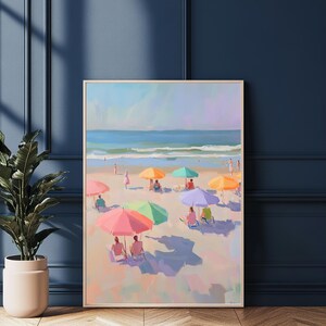 May include: A painting of a beach scene with colorful umbrellas and people relaxing on the sand. The ocean is in the background and the sky is a light blue.