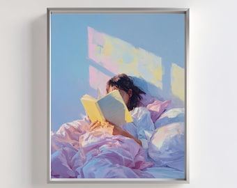 May include: A framed digital print depicting a person reading in bed, rendered in soft pastel hues. The image highlights the person, book, and bedding. The text "MELISA'S DREAM Digital Prints" is visible at the bottom of the artwork.