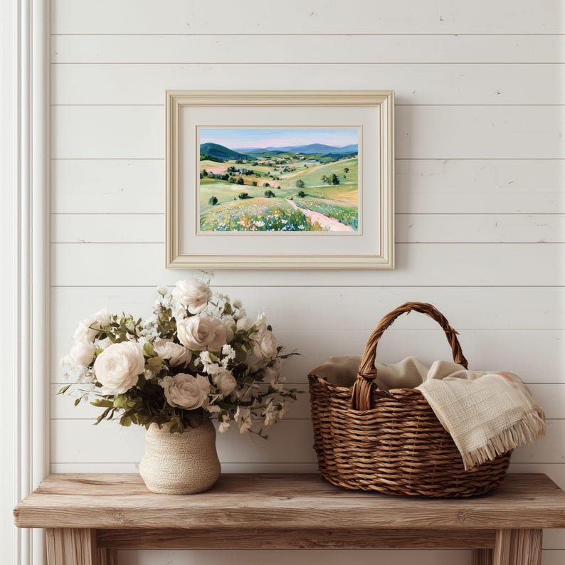 Utskrivbart landskap med vildblommande äng: Pastellfärgad landsbygdsväggkonst (digital nedladdning) bild 5