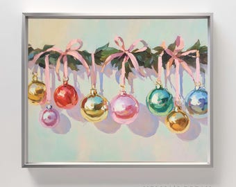 Pastel Christmas Ornaments Print | Pink Ribbon Garland (Digital Download)