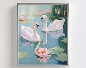 May include: Two white swans swimming in a pond with pink water lilies. The swans are facing each other and the water is a light blue color.