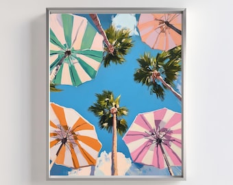 Beach Umbrella Palm Tree Print, Retro Summer Wall Art (Digital Download)
