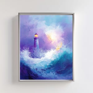 Lighthouse and Stormy Sea Wall Art | Nautical Ocean Waves Printable | Abstract Coastal Beach House Decor | Maine Seascape Digital Download