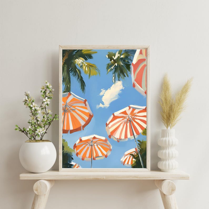 May include: A digital painting of a summer scene with orange and white striped beach umbrellas against a blue sky with white clouds. The umbrellas are arranged in a cluster, with some overlapping. The painting is done in a loose, impressionistic style.