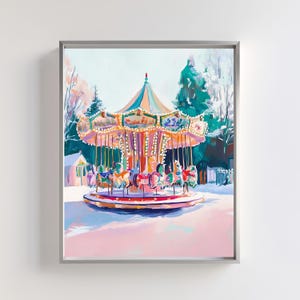 Weihnachts-Karussell-Wand-Kunst-Druck | Urlaub Winter Wunderland | Festliches Karussell | Vintage Karussell Dekor | Verschneite Szene