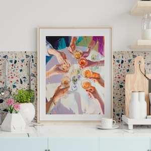 May include: A painting depicting a group of people raising their glasses in a toast. The glasses are filled with a variety of colourful drinks. The painting is executed in a vibrant style with bold colours and brushstrokes.