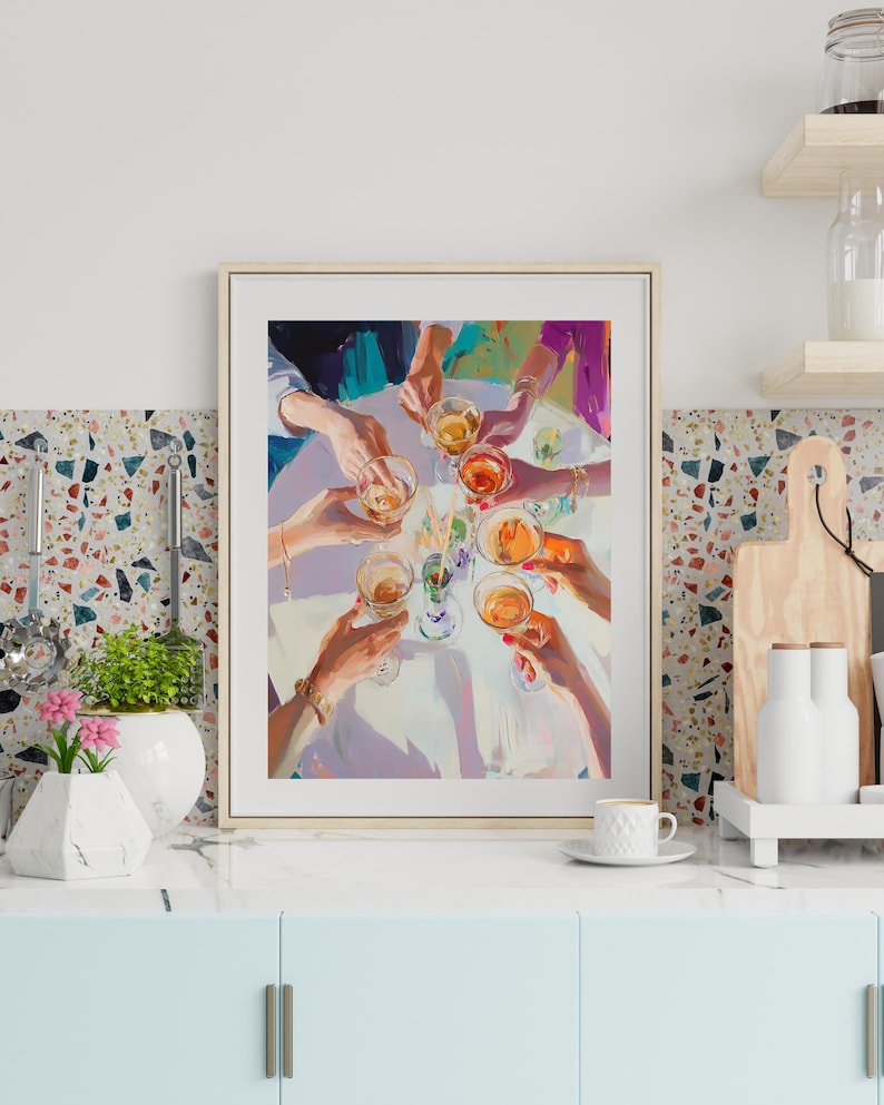 May include: A painting depicting a group of people raising their glasses in a toast. The glasses are filled with a variety of colourful drinks. The painting is executed in a vibrant style with bold colours and brushstrokes.