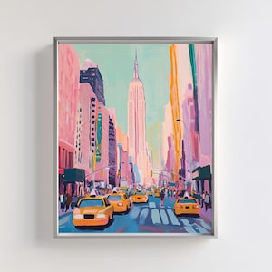 New York City Art Print | Empire State Building Poster | NYC Taxi Wall Art | Modern Cityscape Illustration | Colorful Manhattan Decor