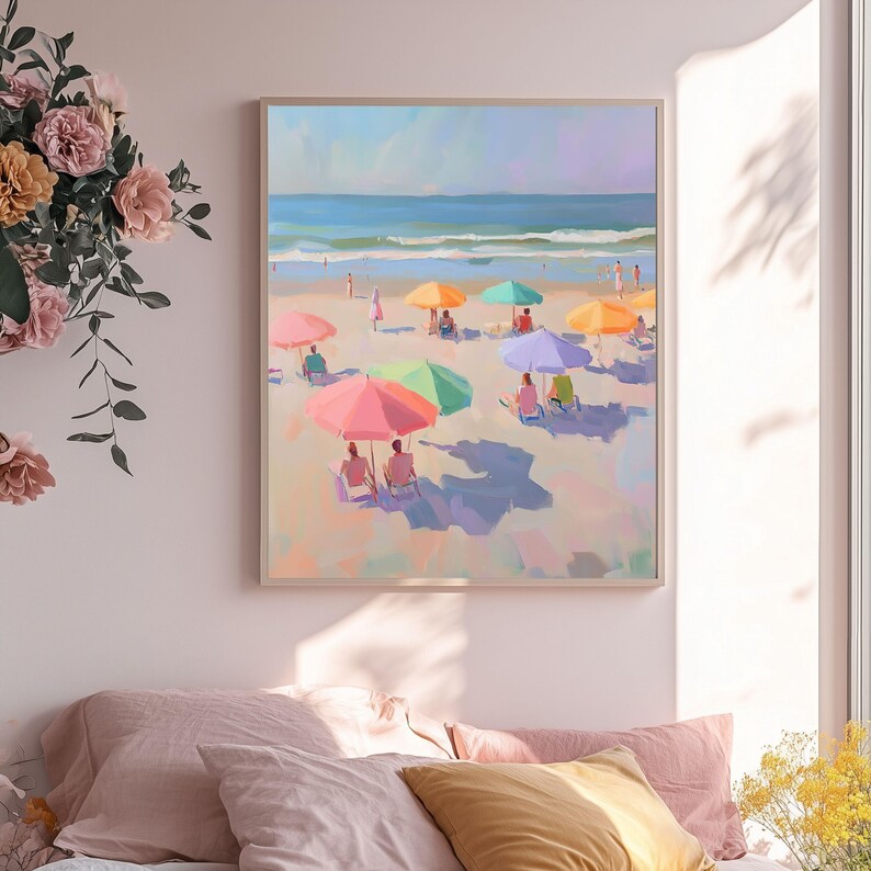 May include: A painting of a beach scene with colorful umbrellas and people relaxing on the sand. The ocean is in the background and the sky is blue.