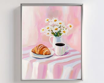 Impresión de cocina con café y croissant: Arte floral rosa de cafetería francesa (descarga digital)