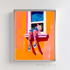 May include: A framed art print featuring a person sitting in a window, reading. The person wears a red and white striped outfit and blue sneakers. The window is white and pink, set against an orange background. The text "MELISA'S DREAM Digital Prints" is at the bottom.
